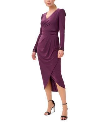 Vestido midi envelope preto de jersey feminino Adrianna Papell, manga comprida, tamanho M