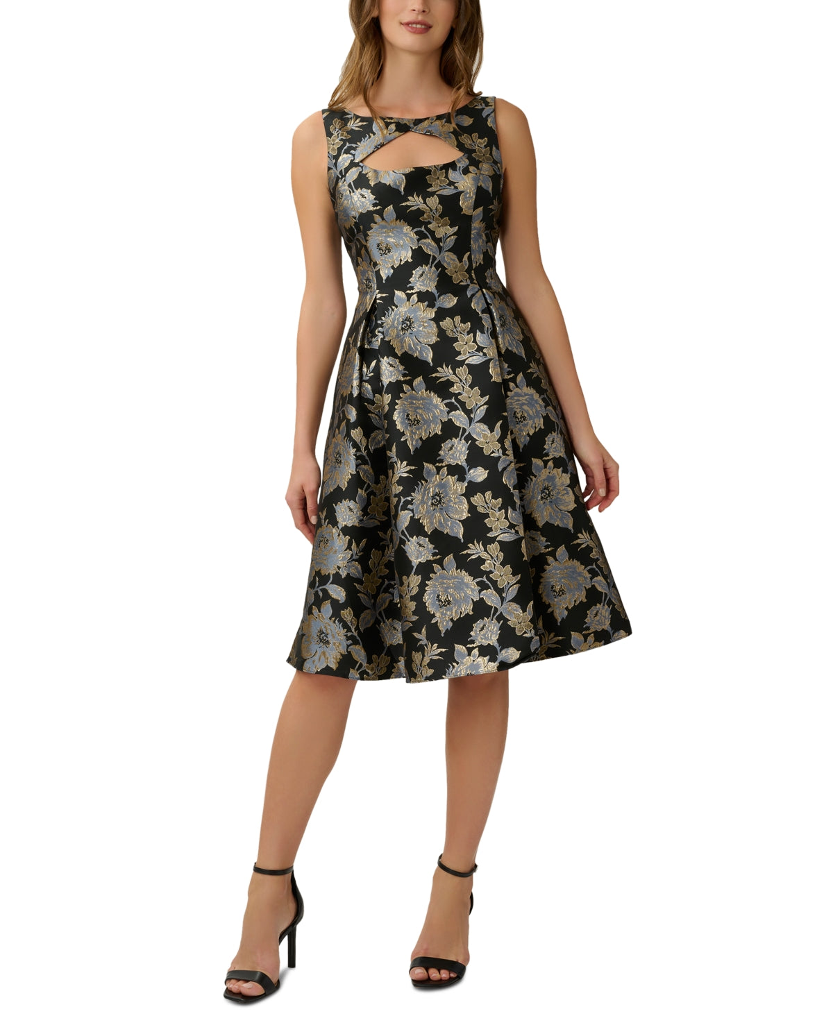 Vestido feminino Adrianna Papell com decote em jacquard metálico e fenda, preto, tamanho 16