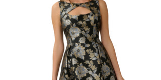 Vestido feminino Adrianna Papell com decote em jacquard metálico e fenda, preto, tamanho 16