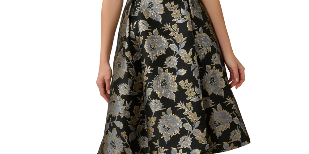 Vestido feminino Adrianna Papell com decote em jacquard metálico e fenda, preto, tamanho 16