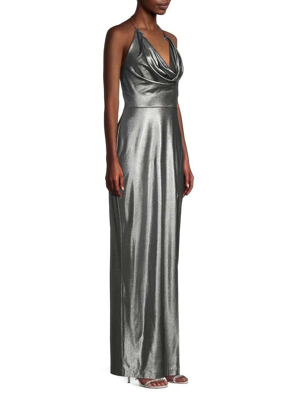 Vestido longo feminino Aidan By Aidan Mattox com decote halter e alças finas, cinza, tamanho 6