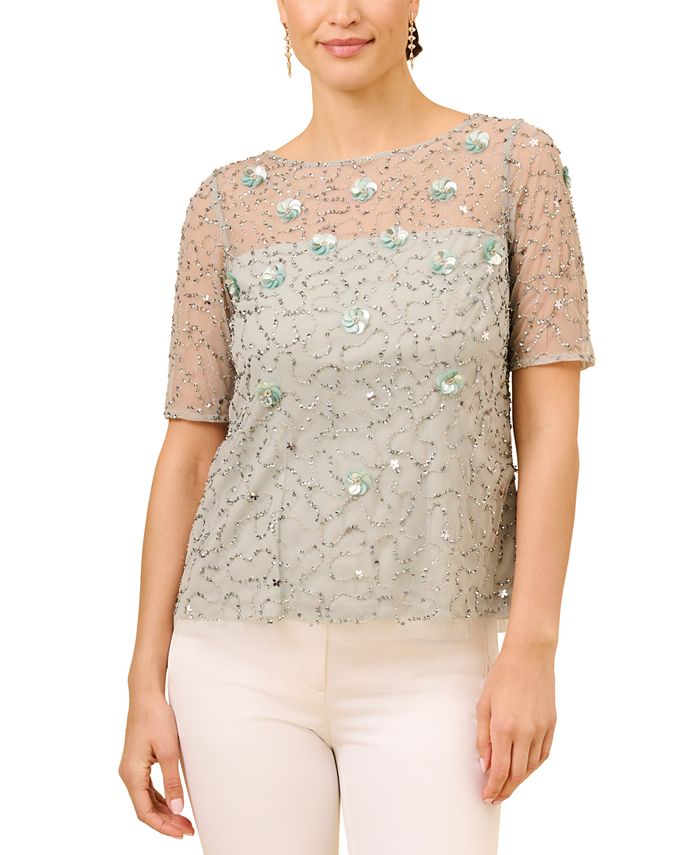 Adrianna Papell Blusa feminina com decote canoa e manga cotovelo, verde, tamanho 4