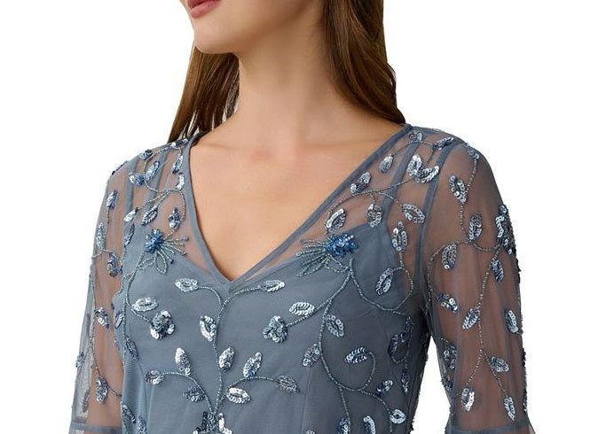 Adrianna Papell Blusa feminina com decote em V e manga flare, azul, tamanho 10