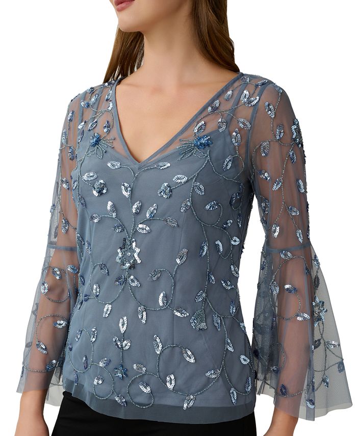 Adrianna Papell Blusa feminina com decote em V e manga flare, azul, tamanho 10