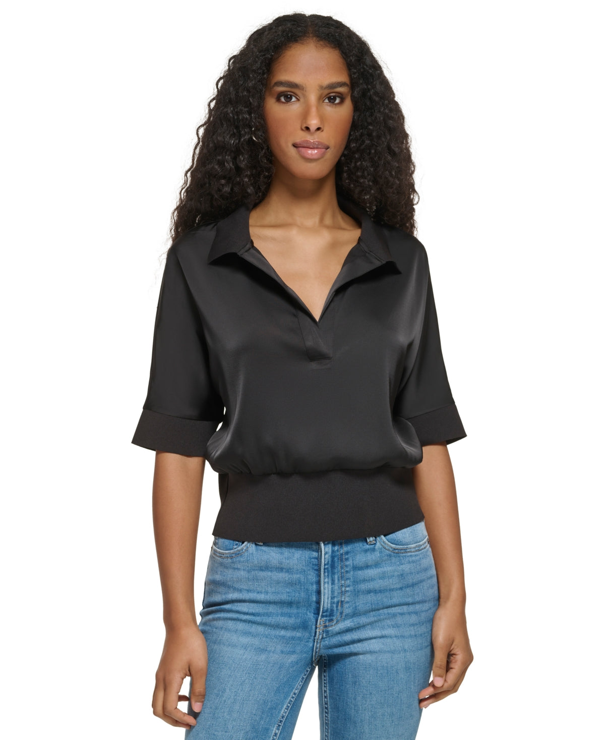 Camisa Calvin Klein Feminina Manga Curta Gola Cetim Preta Tamanho Grande