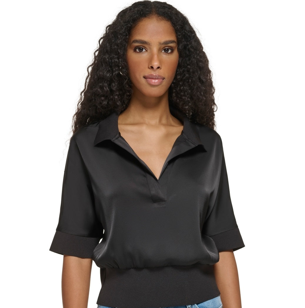 Camisa Calvin Klein Feminina Manga Curta Gola Cetim Preta Tamanho Grande
