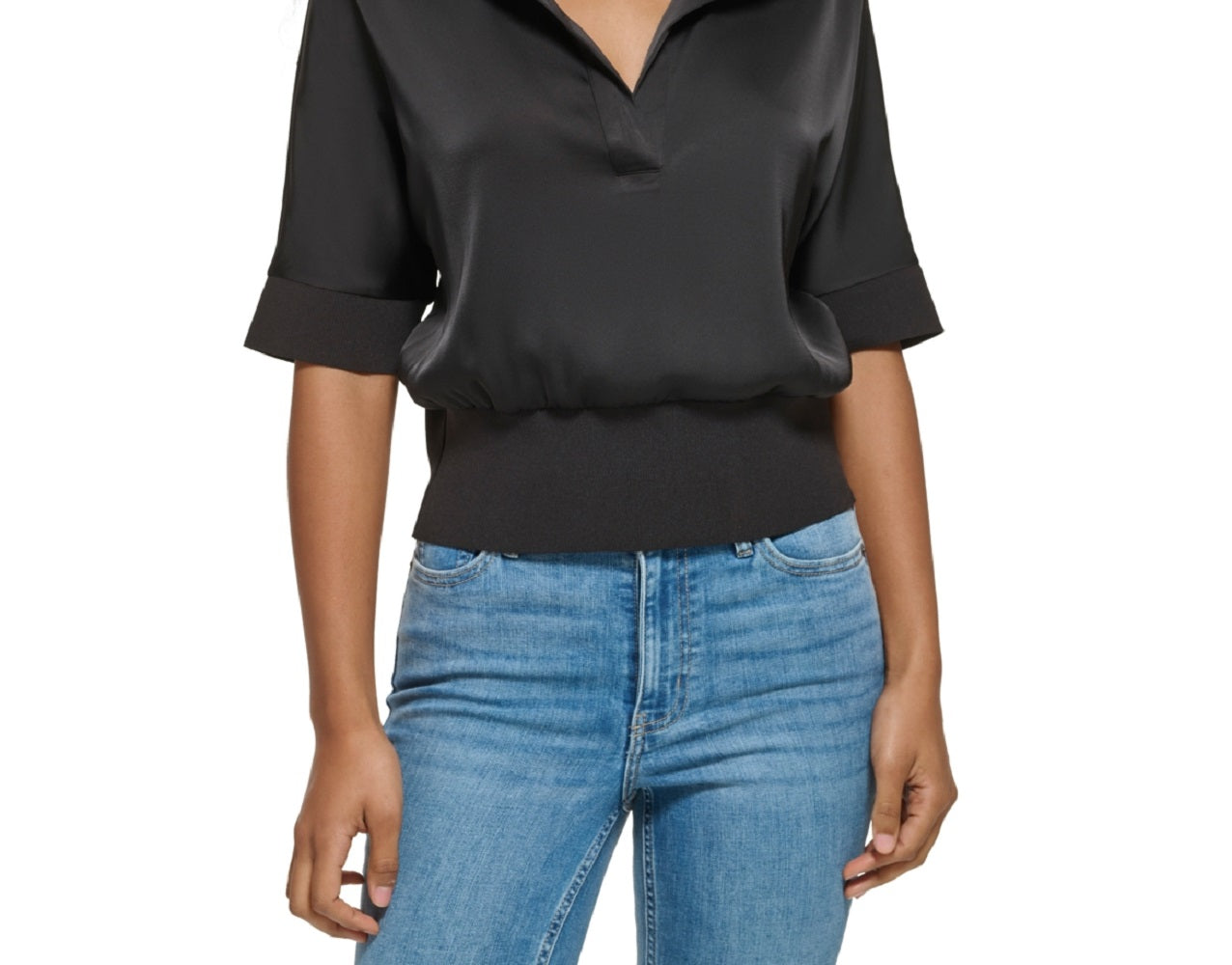 Camisa Calvin Klein Feminina Manga Curta Gola Cetim Preta Tamanho Grande