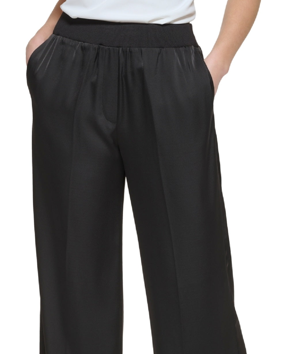 Calça Calvin Klein Feminina de Cetim com Perna Larga e Puxa-Chuva Preta Tamanho X-S