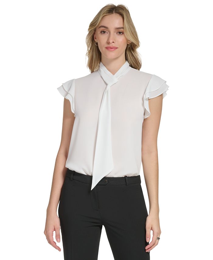 Blusa Calvin Klein Feminina Manga Longa Gola Amarrada Branca Tamanho X-G