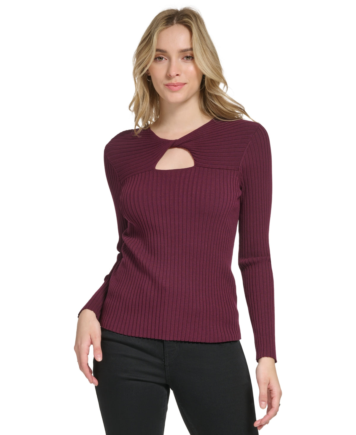 Calvin Klein Suéter Feminino Manga Longa Canelado Keyhole Roxo Tamanho XS