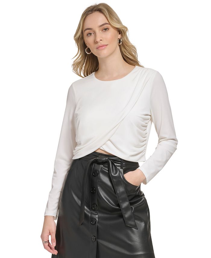 Calvin Klein X Fit Manga Longa Crop Top Drapeado Feminino Preto Tamanho M