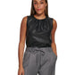 Blusa feminina Clavin Klein de couro sintético com pregas e gola sem mangas, preta, tamanho médio