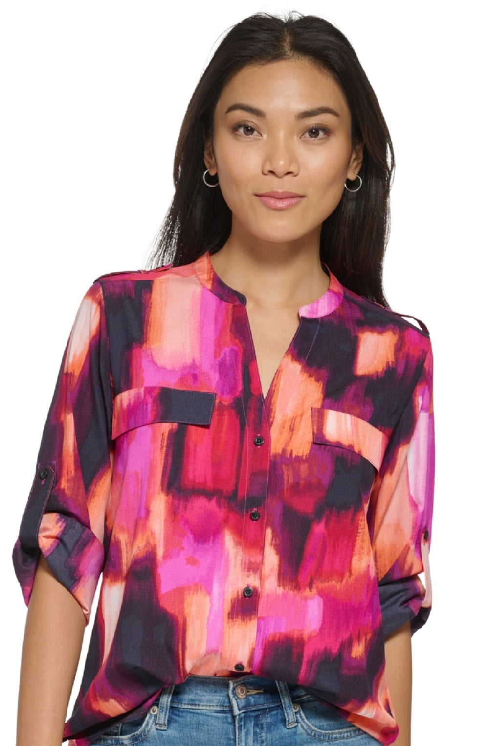 Blusa Calvin Klein Feminina Manga Longa Botão Laranja Tamanho Médio
