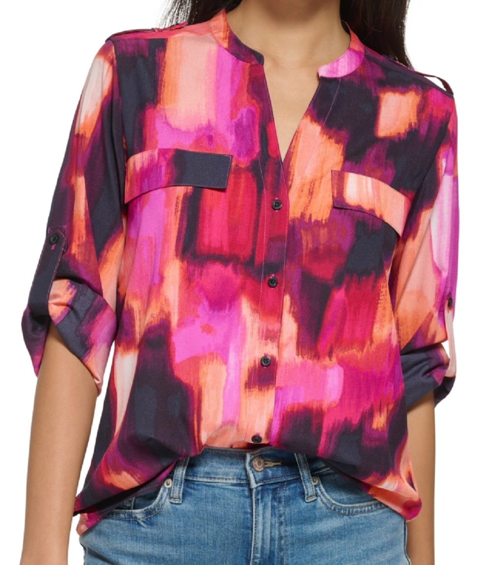 Blusa Calvin Klein Feminina Manga Longa Botão Laranja Tamanho Médio