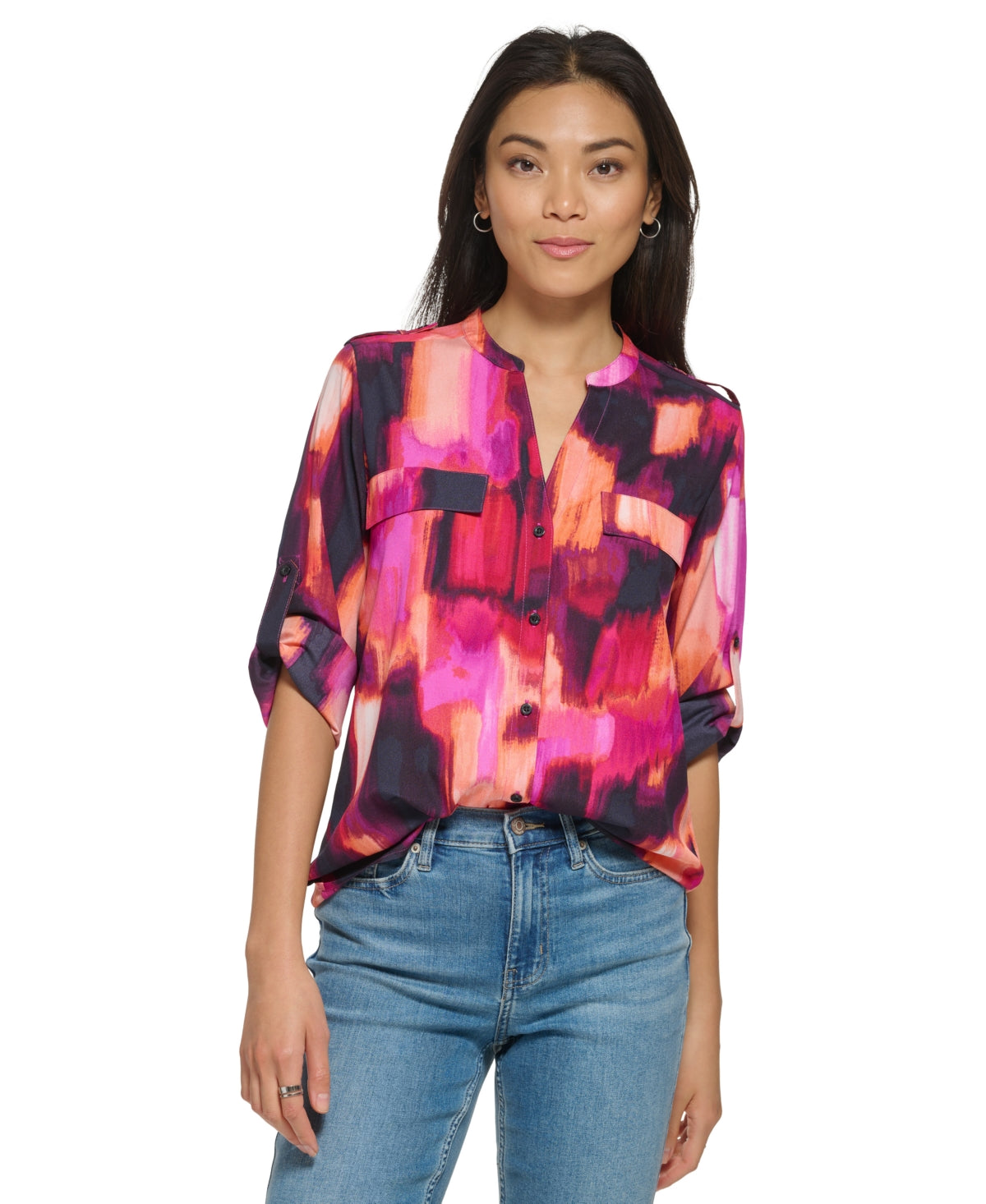 Blusa Calvin Klein Feminina Manga Longa Botão Laranja Tamanho Médio