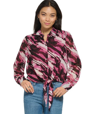 Calvin Klein Women's Long Sleeve Tie Front Button Down Blouse Purple Size Large
