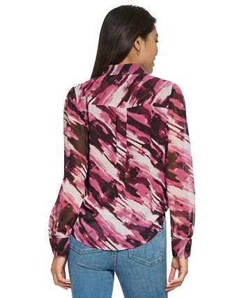 Blusa Calvin Klein Feminina Manga Longa Amarrada Frontal com Botões Roxa Tamanho Grande