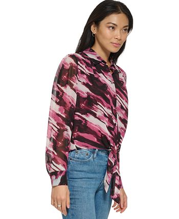 Blusa Calvin Klein Feminina Manga Longa Amarrada Frontal com Botões Roxa Tamanho Grande