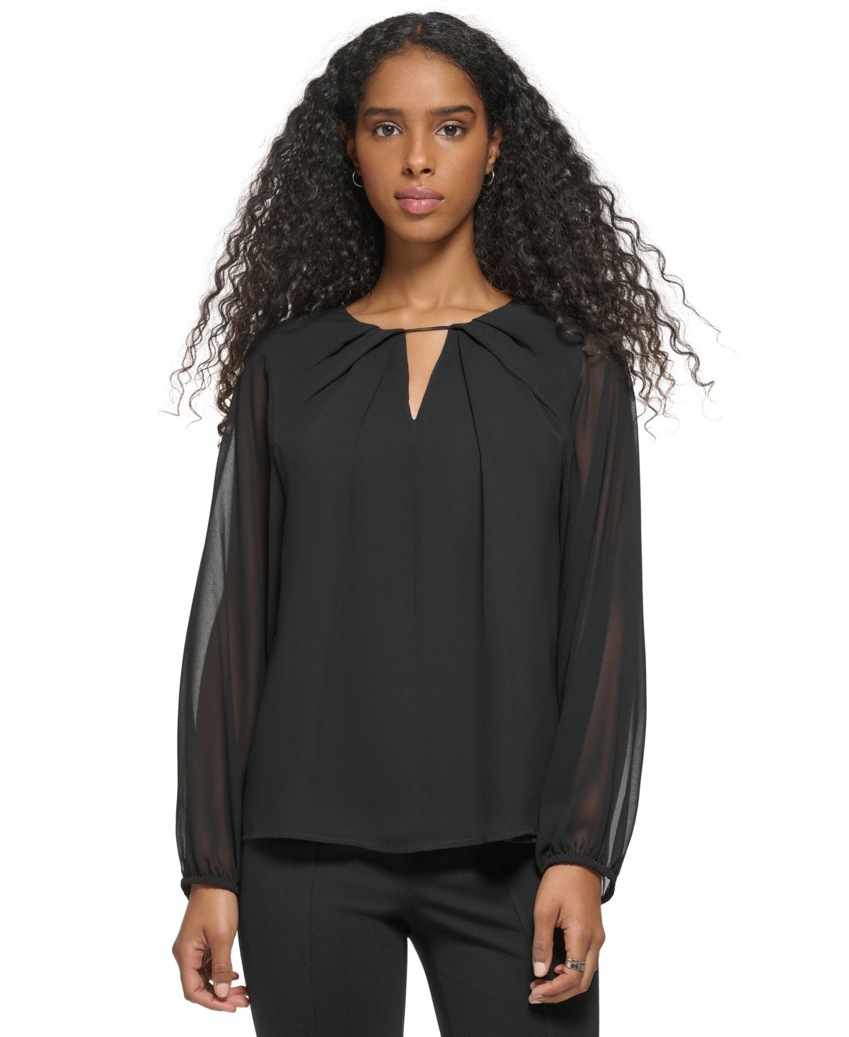 Blusa Calvin Klein Feminina Manga Longa Gola Redonda Chiffon Preta Tamanho Médio