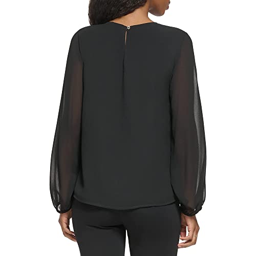Blusa Calvin Klein Feminina Manga Longa Gola Redonda Chiffon Preta Tamanho Médio