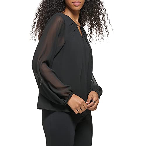 Blusa Calvin Klein Feminina Manga Longa Gola Redonda Chiffon Preta Tamanho Médio