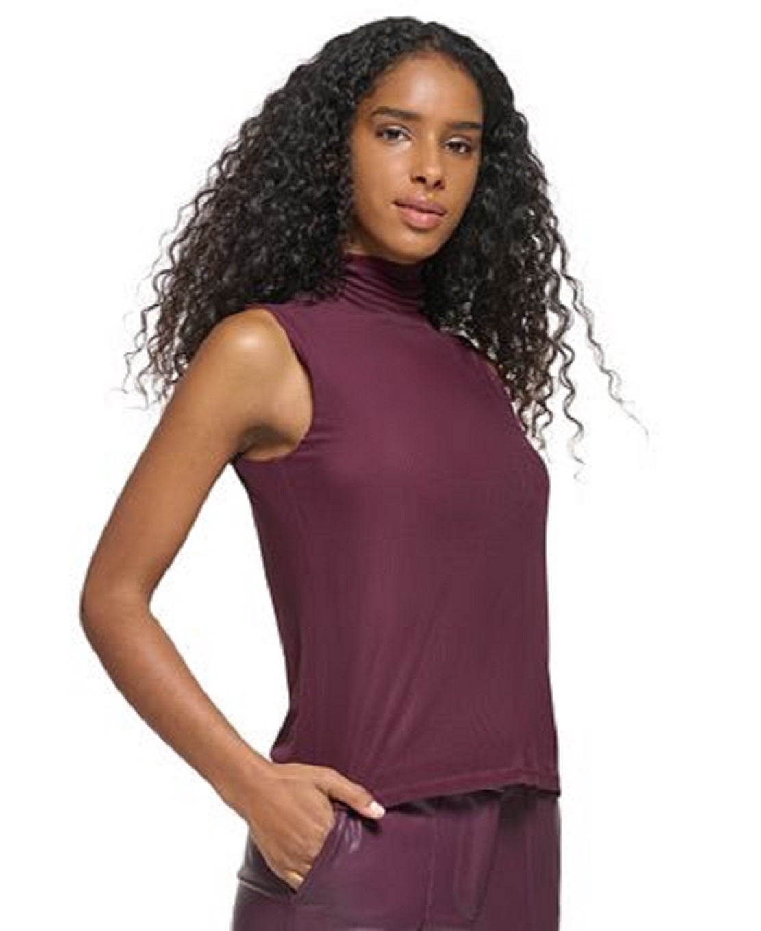 Blusa feminina Calvin Klein sem mangas de malha com gola alta roxa tamanho GG