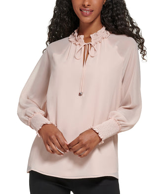 Calvin Klein Women's Tie Front Chiffon Peasant Blouse Pink Size X-Large