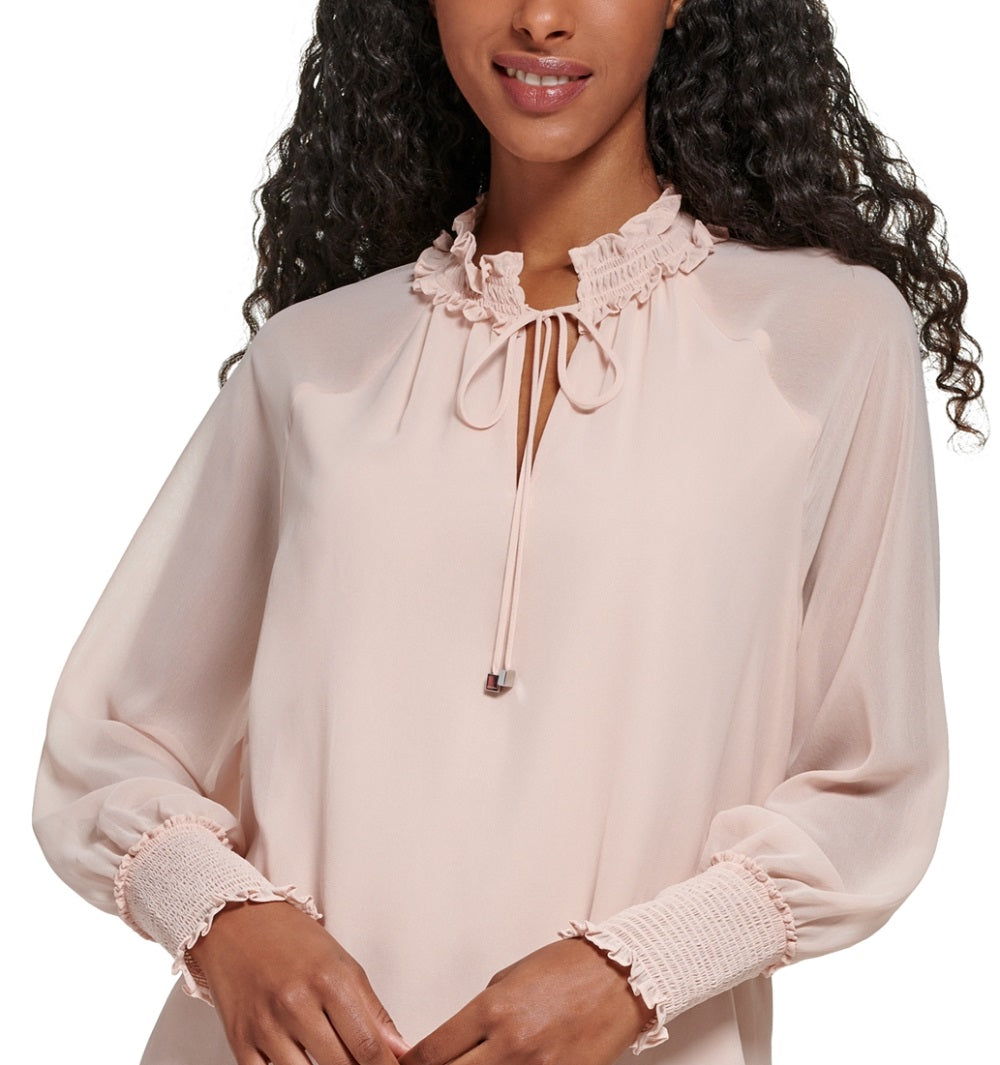 Blusa Calvin Klein Feminina Amarrada na Frente em Chiffon Camponesa Rosa Tamanho Grande