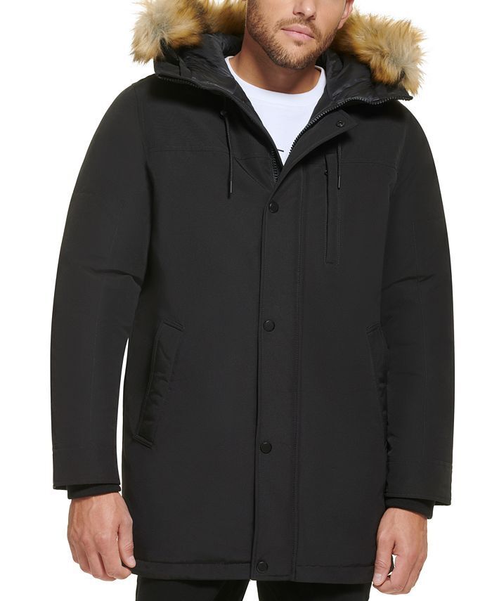 Calvin Klein Parka Longa Masculina com Capuz Forrado de Pele Sintética Preta Tamanho Médio