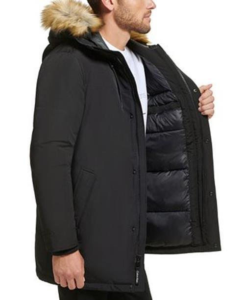 Calvin Klein Parka Longa Masculina com Capuz Forrado de Pele Sintética Preta Tamanho Médio