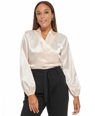 Calvin Klein Women's Long Sleeve Faux Wrap Blouse Pink Size Medium