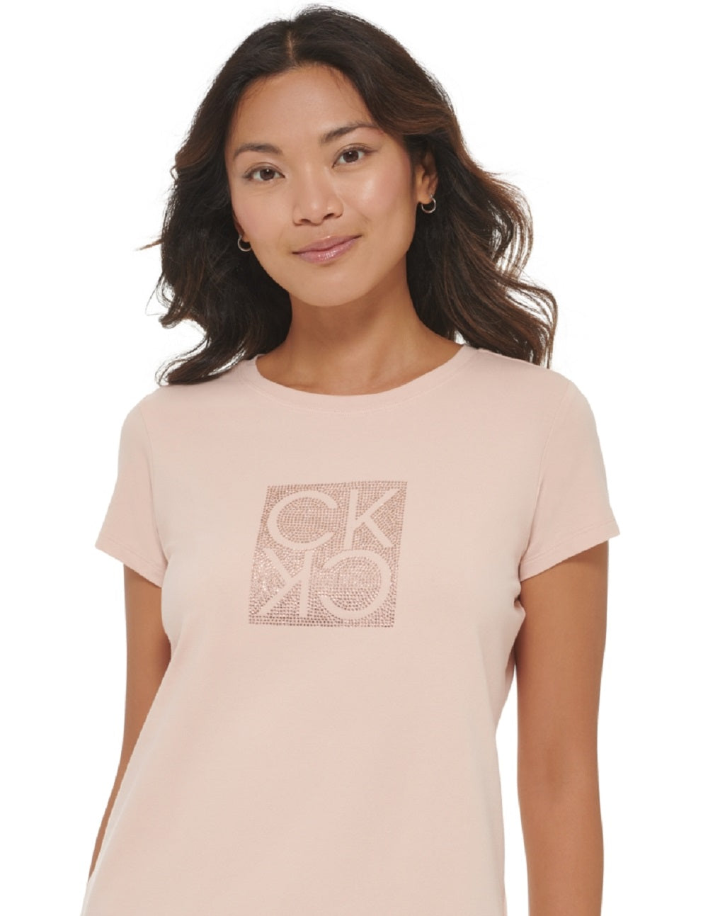 Camiseta Calvin Klein Feminina Manga Curta com Logo e Strass Rosa Tamanho XG