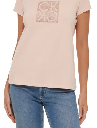 Calvin Klein Women's Short Sleeve Rhinestone Logo T-Shirt Pink Size X-Large