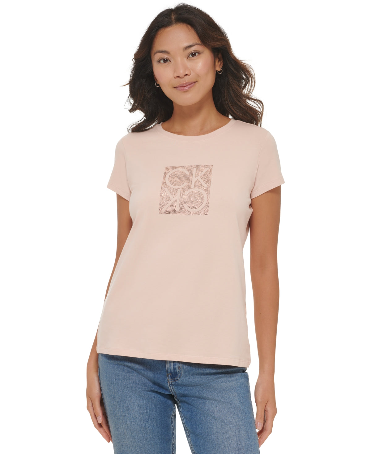 Camiseta Calvin Klein Feminina Manga Curta com Logo e Strass Rosa Tamanho XG