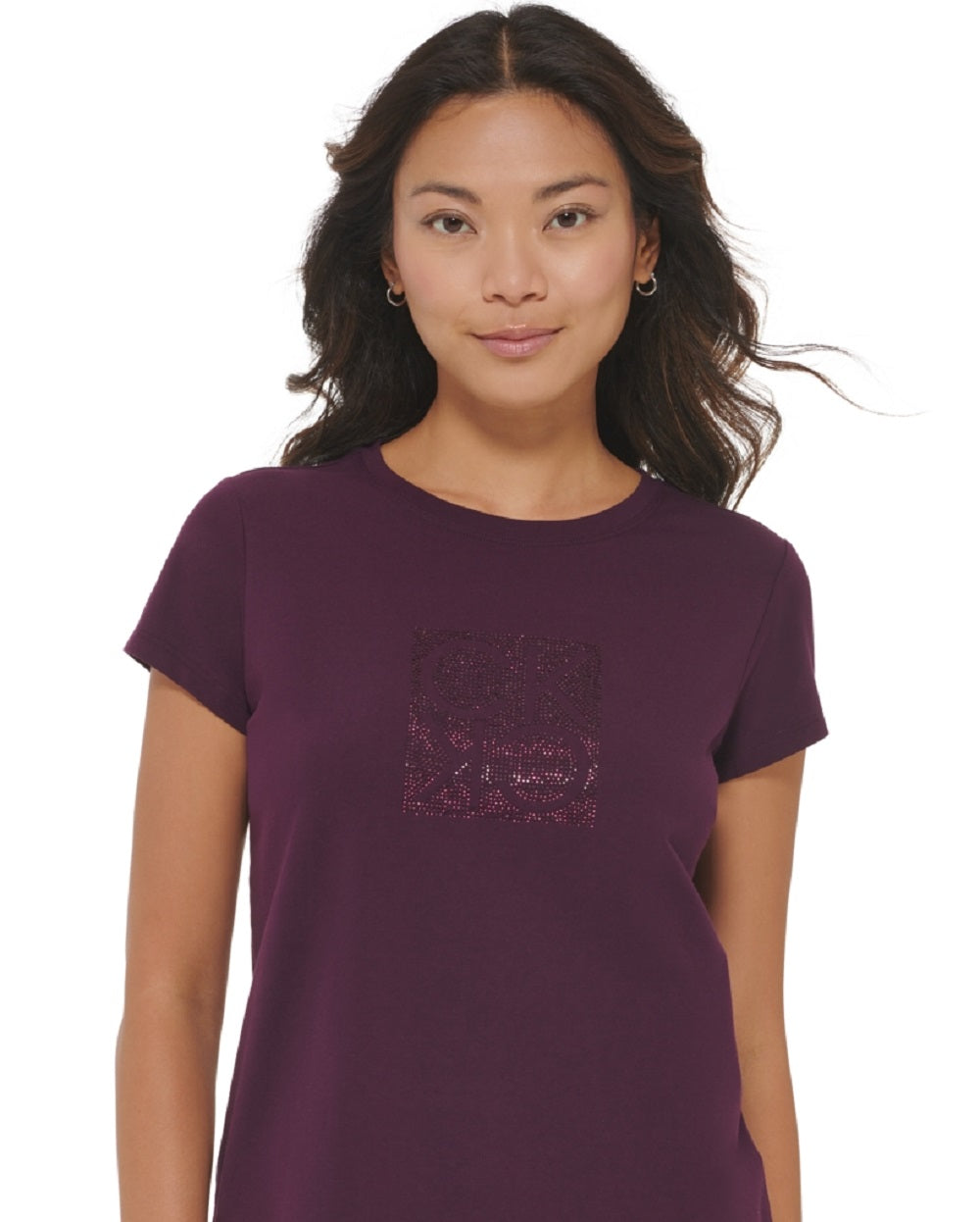 Camiseta Calvin Klein Feminina Manga Curta com Logo e Strass Roxa Tamanho Médio
