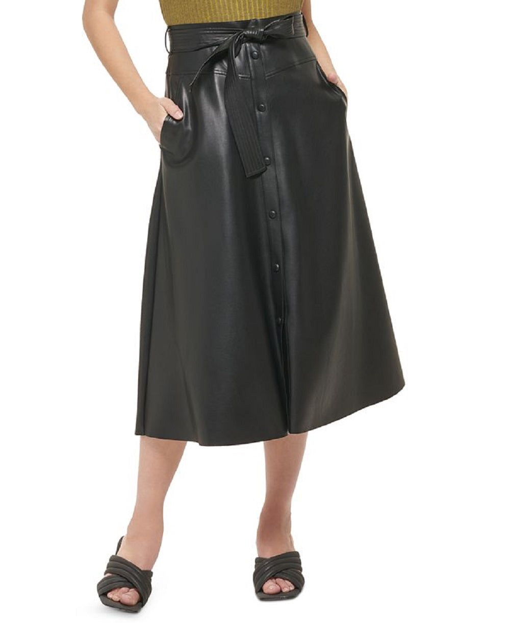 Calvin Klein Saia Midi Feminina Cintura Amarrada Couro Sintético Preta Tamanho 10