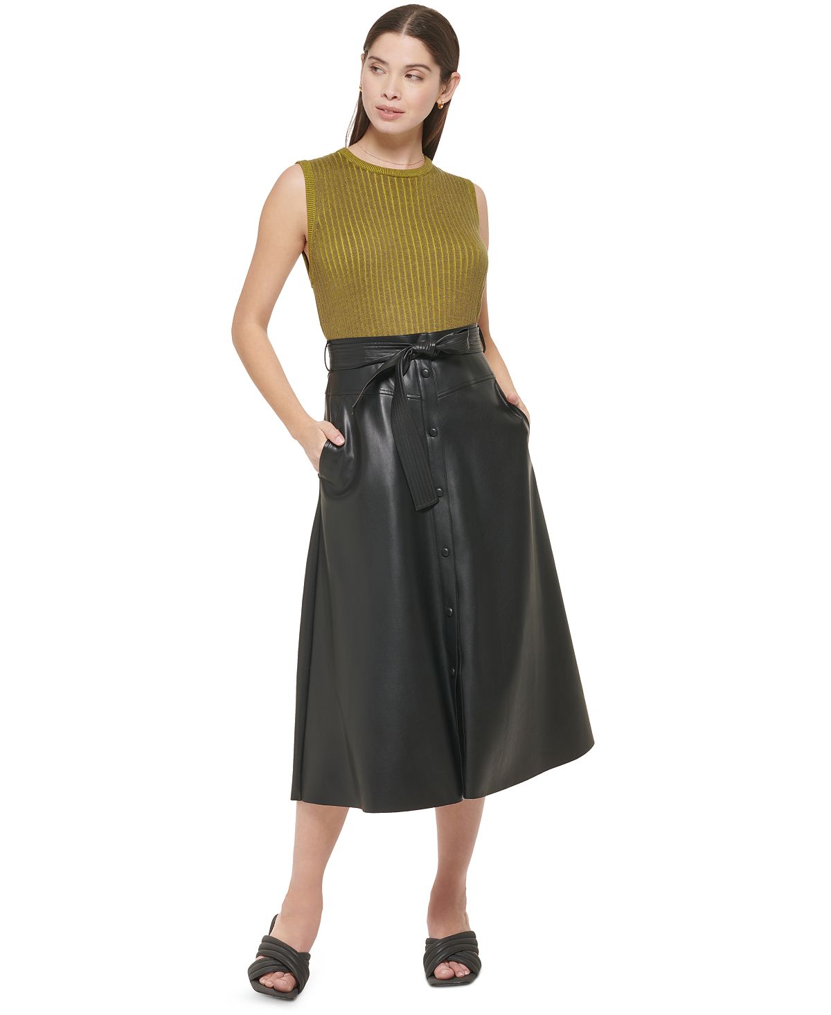 Calvin Klein Saia Midi Feminina Cintura Amarrada Couro Sintético Preta Tamanho 10