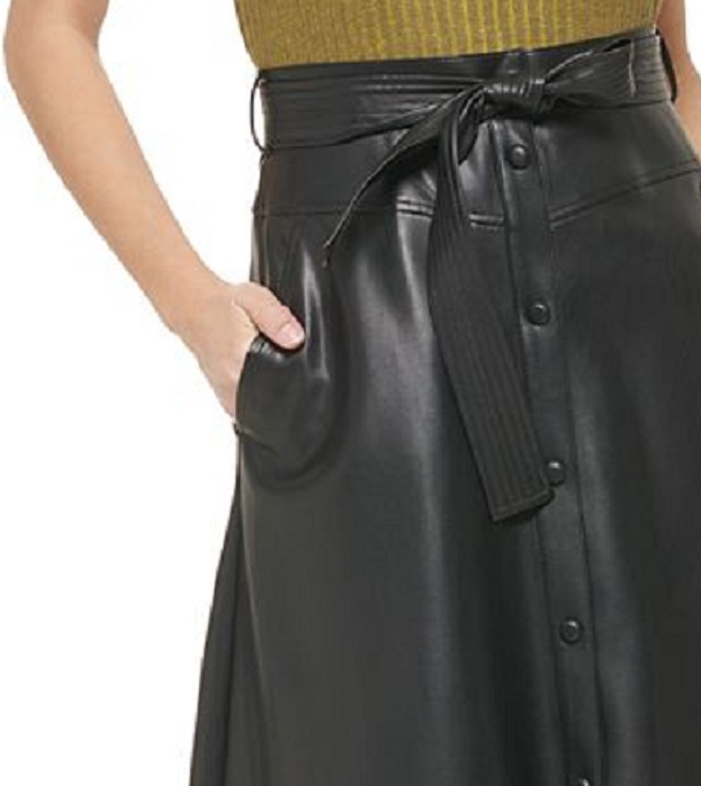Calvin Klein Saia Midi Feminina Cintura Amarrada Couro Sintético Preta Tamanho 10