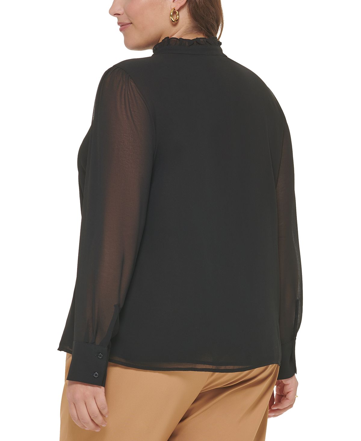 Blusa Calvin Klein Feminina Manga Longa com Babados Preta Tamanho 2X