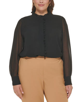 Calvin Klein Women's Ruffled Long Sleeve Blouse Black Size 2X
