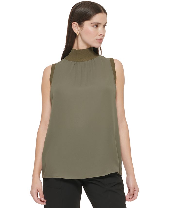 Blusa feminina Calvin Klein canelada, gola alta, sem mangas, verde, tamanho médio