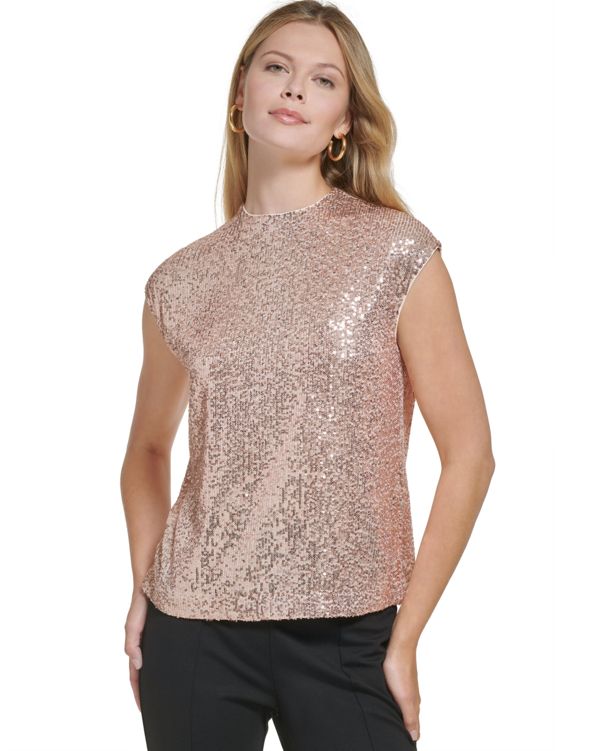 Blusa Calvin Klein Feminina Manga Curta com Lantejoulas, Amarela, Tamanho Grande