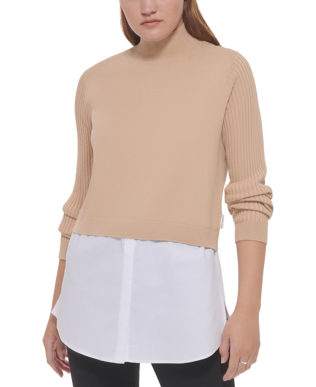 Calvin Klein Jeans Suéter Feminino Manga Longa Mixed Media Bege Tamanho Grande