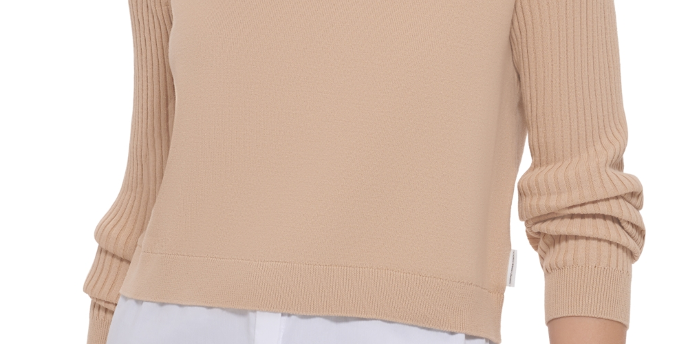 Calvin Klein Jeans Suéter Feminino Manga Longa Mixed Media Bege Tamanho Grande