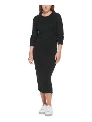 Calvin Klein Jeans Women's Ribbed Long Sleeve Crewneck Side Slit Dress Black Size Small