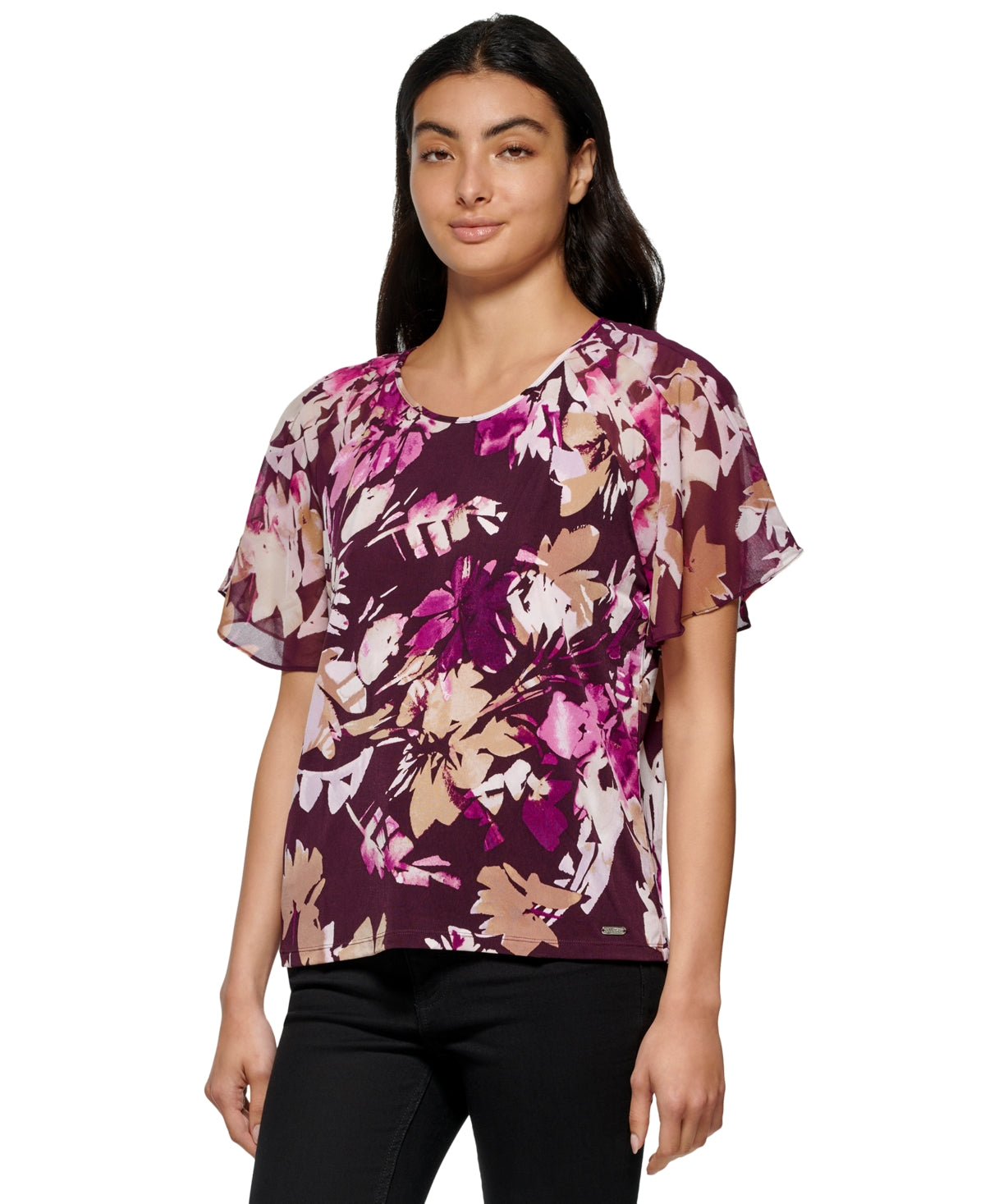 Blusa Calvin Klein Feminina Estampada Chiffon Manga Flutter Roxa Tamanho Grande
