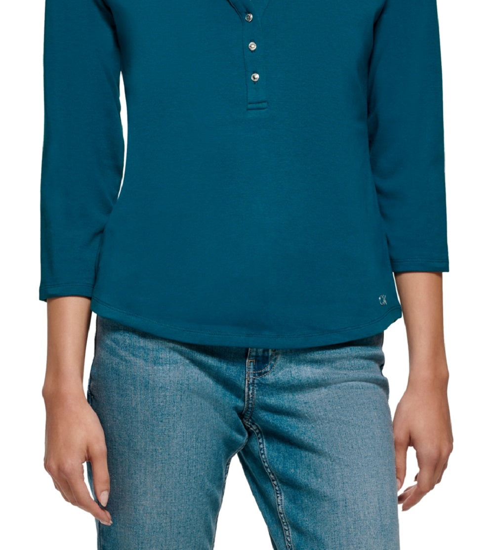 Calvin Klein Feminino Manga 3/4 Botões Frontais Henley Verde Tamanho X-G