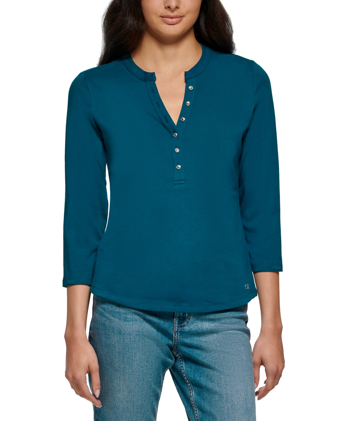 Calvin Klein Feminino Manga 3/4 Botões Frontais Henley Verde Tamanho X-G