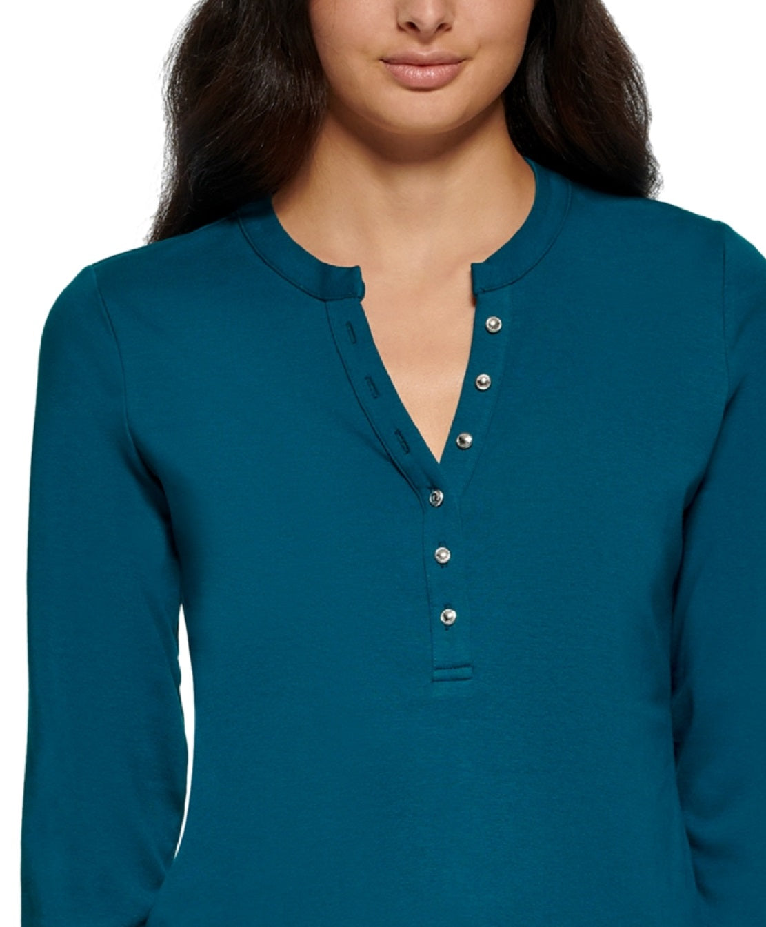 Calvin Klein Feminino Manga 3/4 Botões Frontais Henley Verde Tamanho P