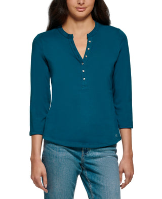 Calvin Klein Women's 3/4 Sleeve Button Front Henley Green Size Small